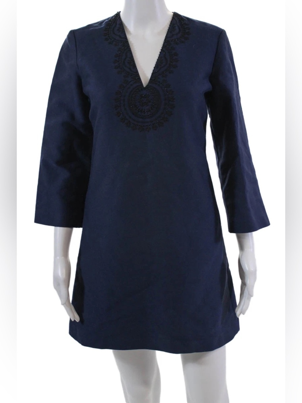 NWT C. Wonder Black Embellished Embroidered Navy V Shift Dress 3/4 Sleeve Sz. 0
